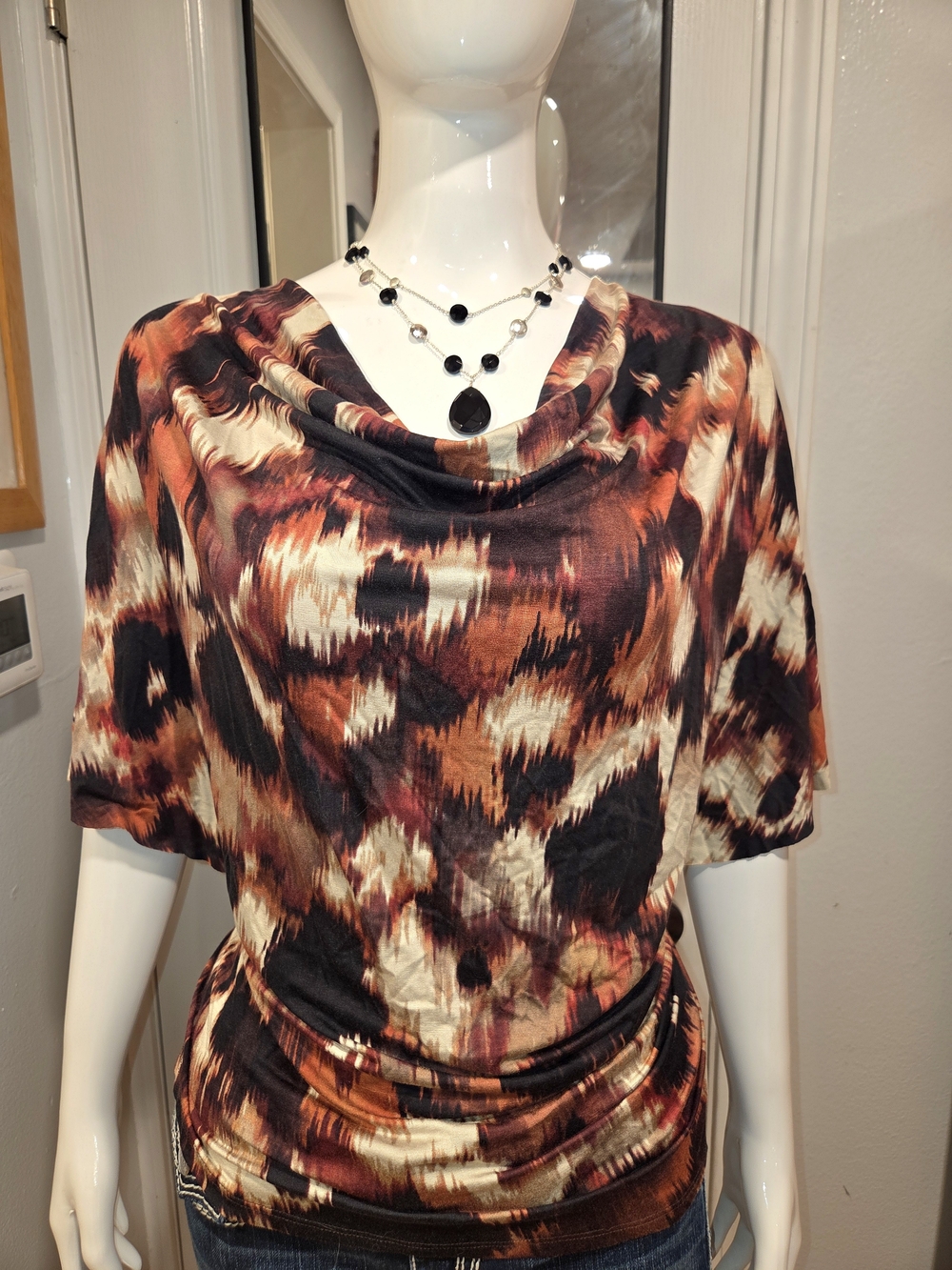 Anthropologie Weston Wear  Brown Multi Cowl Neck Short Sleeve Blouse Sz L
